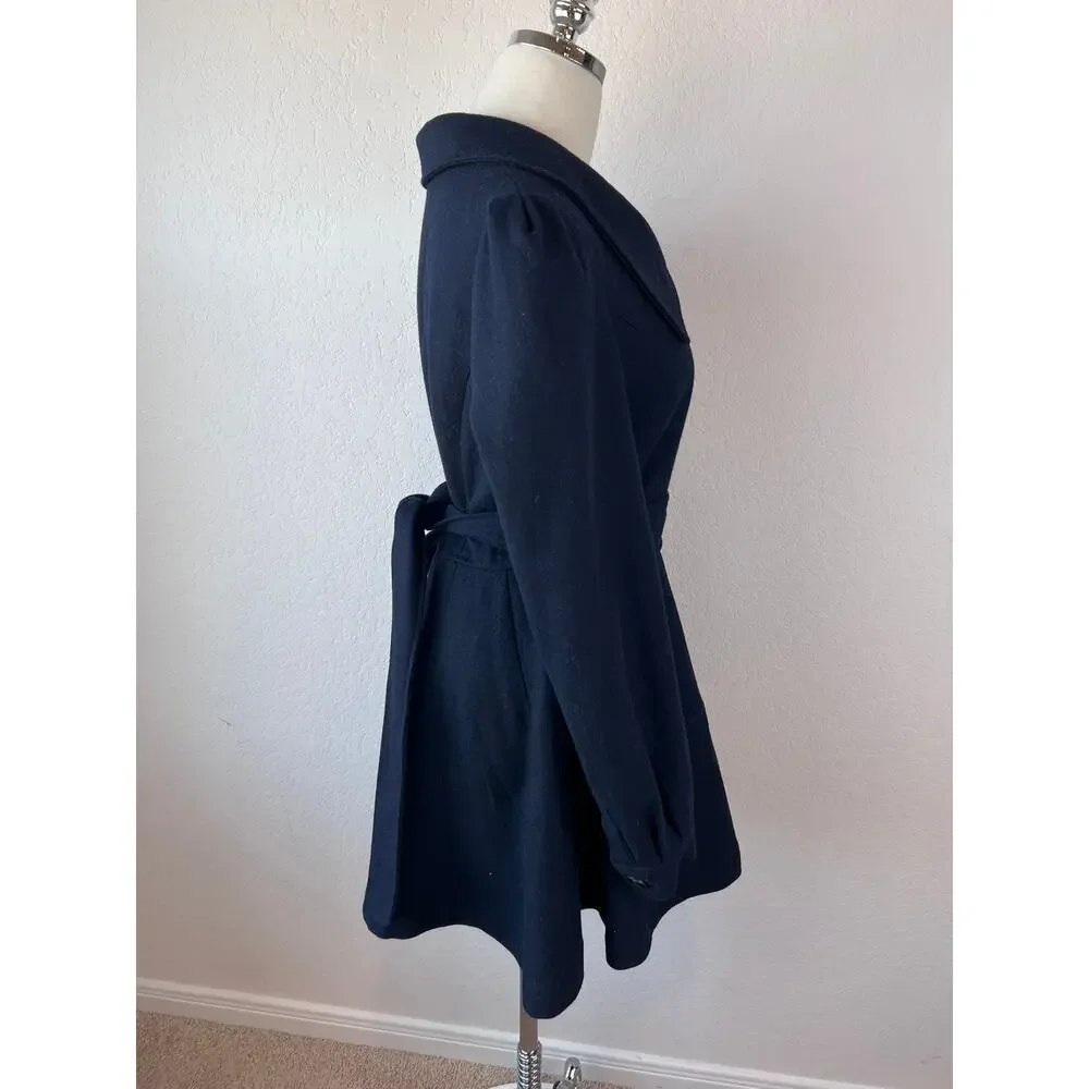 Vintage Y2K Forever 21 Navy Wool Blend Pea Coat size Large Belted - Picture 2 of 6